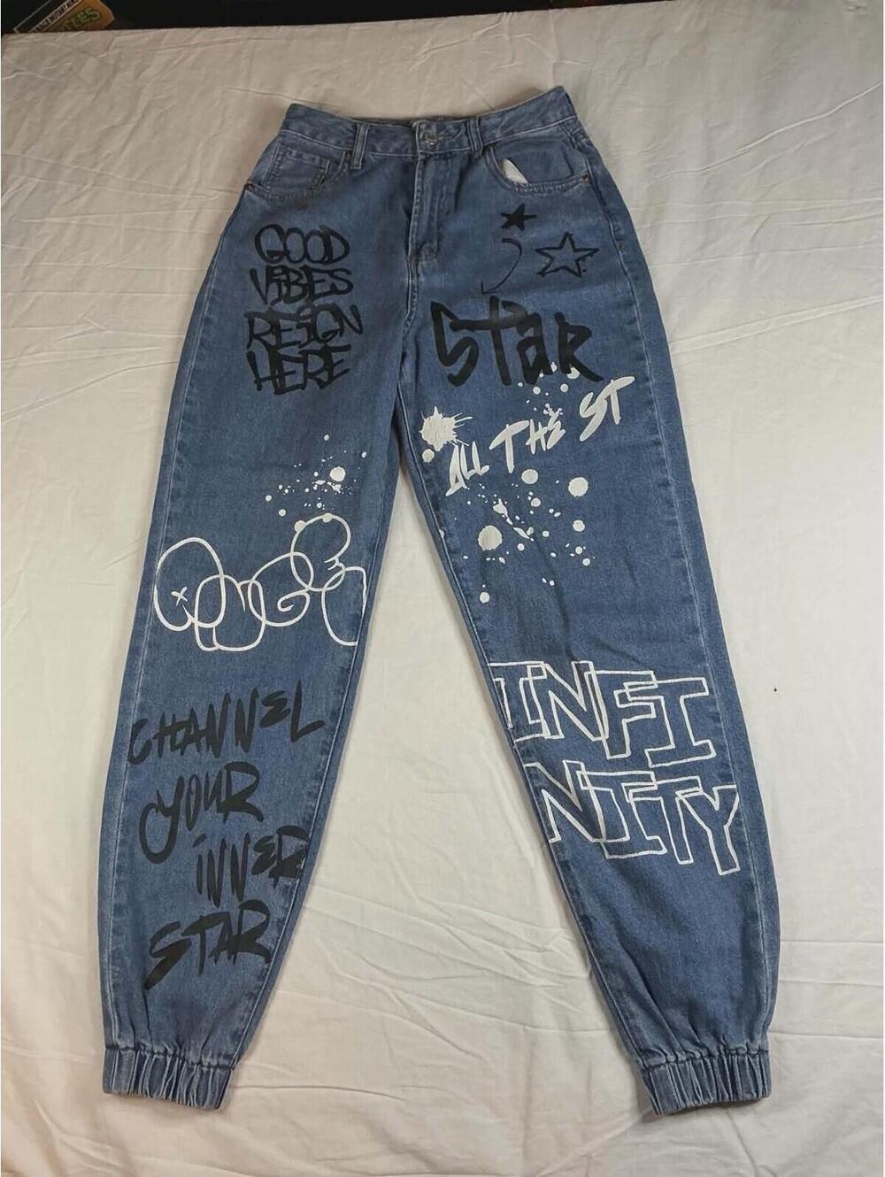 🖤✨ Y2K Graffiti Denim Jogger Jeans “Look Up To The Sky” ✨🖤